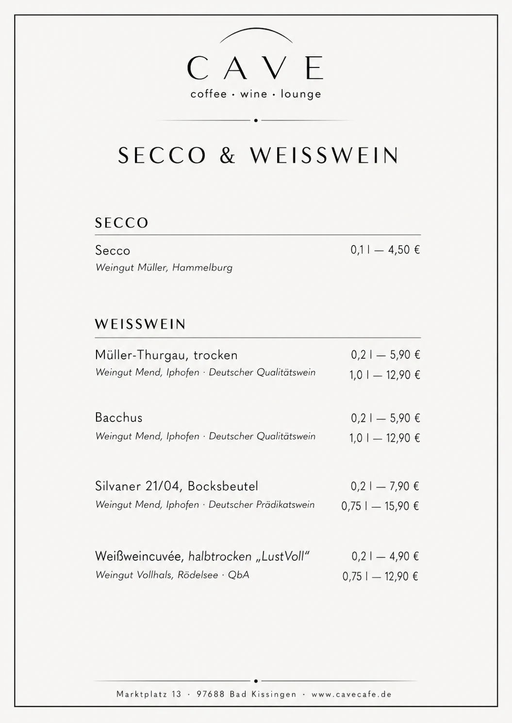 CAVE Speisekarte Secco und Weißwein