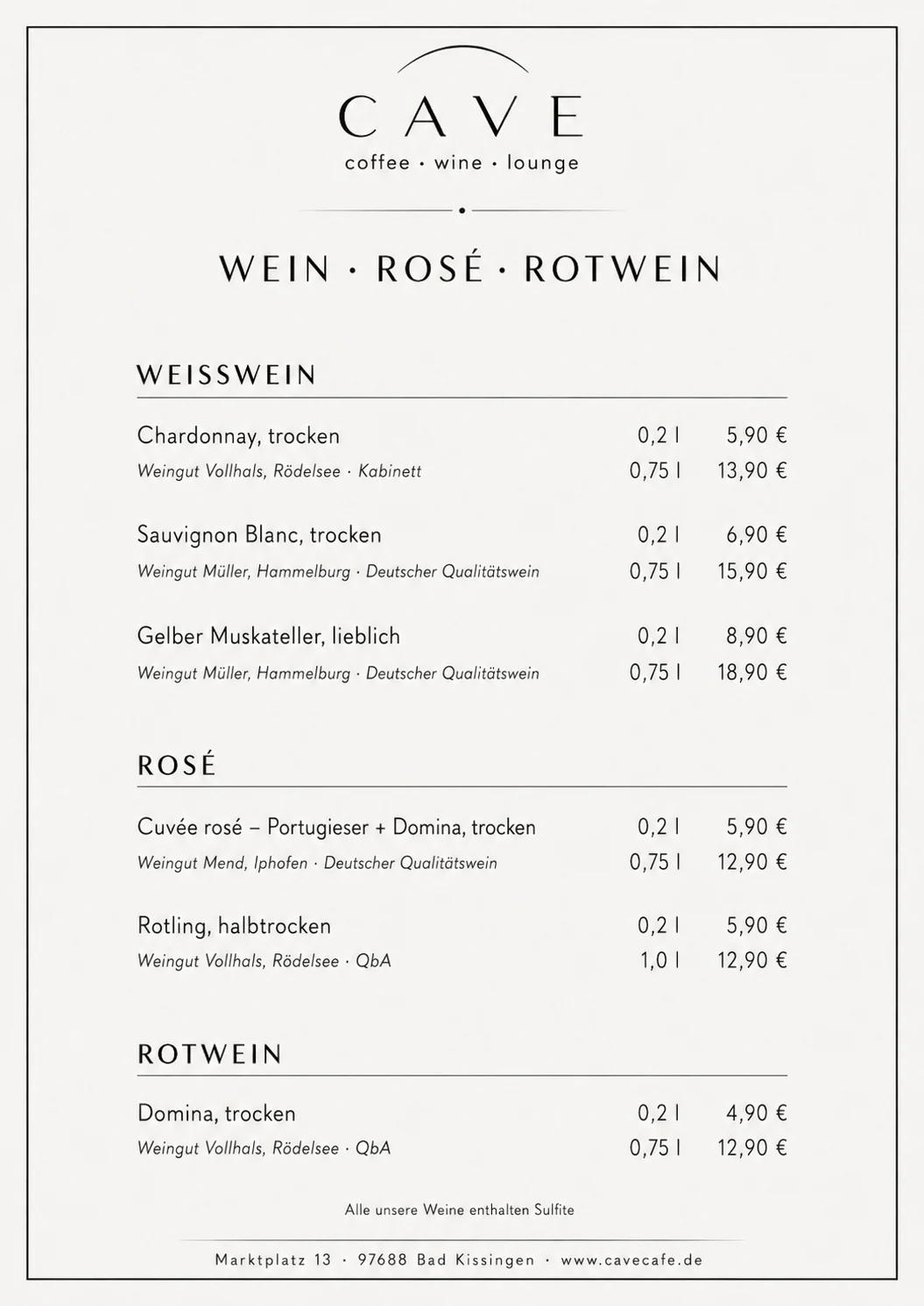 CAVE Speisekarte Wein Rosé Rotwein